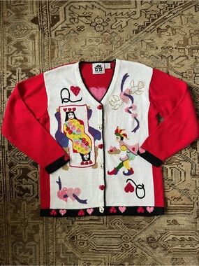 Vintage Storybook Knits Red Queen of Hearts Playing Card Cardigan Sweater M